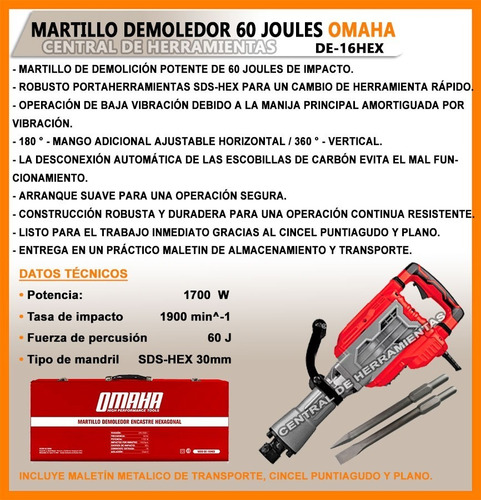 Martillo Demoledor Omaha Grande Electrico 60j De-16hex