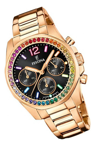 Reloj Festina Mujer Rose Piedras Multicolor 100mts F20639.3 Color Del Fondo Negro Color De Tapa Trasera Plateado Color De La Malla Rose Color Del Bisel Multicolor