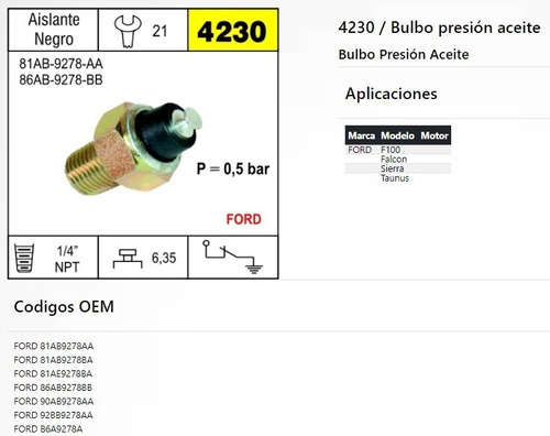 Bulbo Presion Aceite Ford Falcon 61/81 Nafta Y Ford Taunus