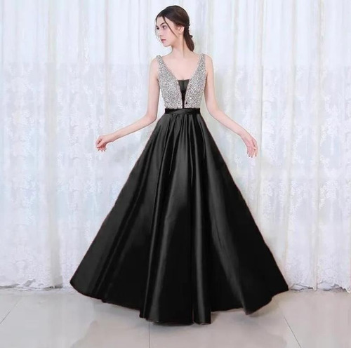 Vestido De Fiesta De Noche Elegante Con Pedrería Y Satín