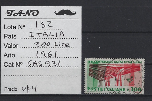 Lote132 Italia 300 Liras Año 1961 Sassone#931