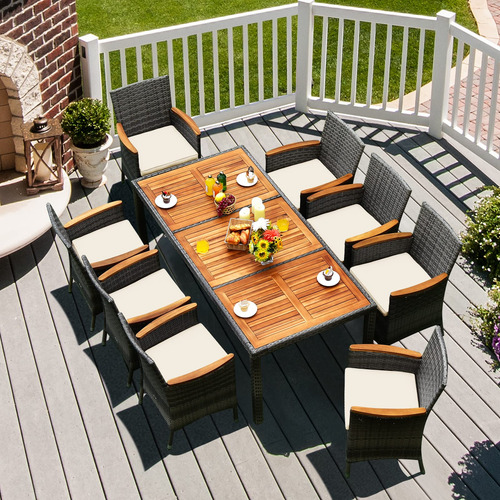 Juego De Comedor De Patio 9 Piezas Madera De Acacia Y Mimbre