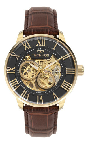 Relógio Technos Masculino Automático Esqueleto Dourado Couro Correia Marrom Fundo Preto