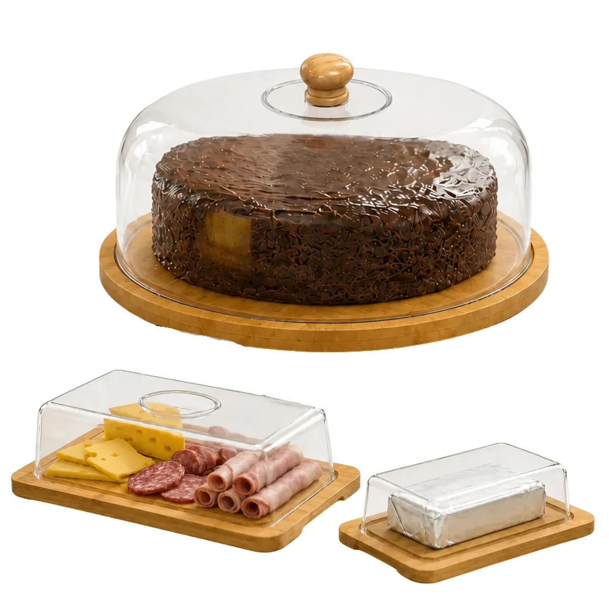 Kit Porta Frios + Boleira Em Bambu Queijo Bolo Mesa Posta Ecoeden