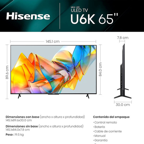 Pantalla Hisense 65u6k 65'' Smart Google Tv Mini-led Uled 4k (Reacondicionado)