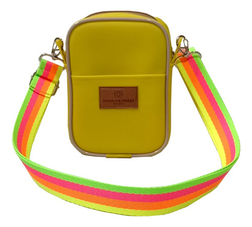 Bolsa Transversal Shoulder Bag Feminina Em Silicone Amarelo Acambamento dos ferragens Níquel Cor da correia de ombro Bege Desenho do tecido Liso