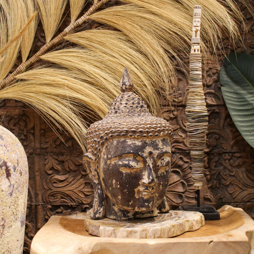 Cabeça De Buda Decorativa Em Madeira Whitewash A40cm
