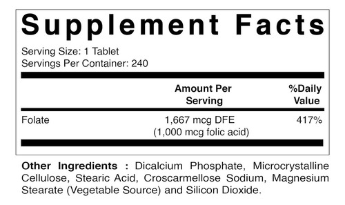 Acido Folico Vitamatic 240 Tabletas 1000 Mcg Sabor Sin Sabor