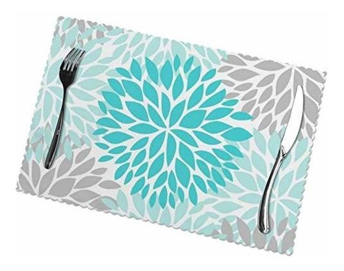 Turquoise Blue And Gray Placemats Set Of 6, Washable Table P