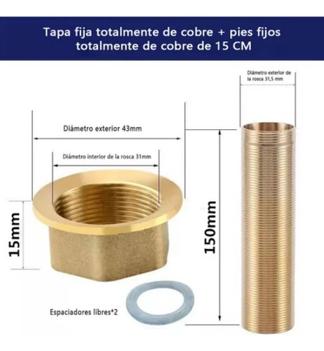 Tuerca De Latón Y Tubo Largo Fijar Monomando Sujetar En Losa Cobre