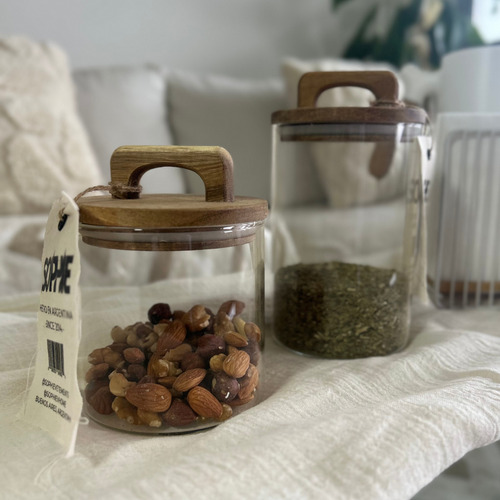 Frasco De Vidrio Con Tapa De Madera Acacia Y Asa Hermético Chico