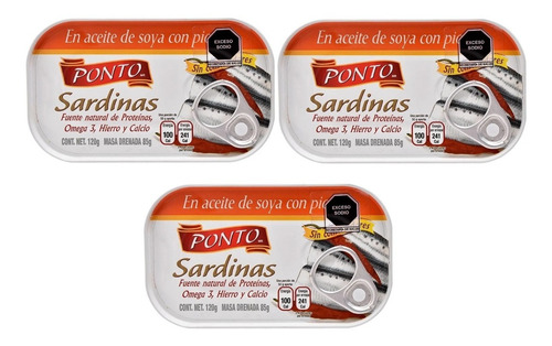 3 Sardinas Ponto En Aceite De Soya Con Picante 120 Gr C/u