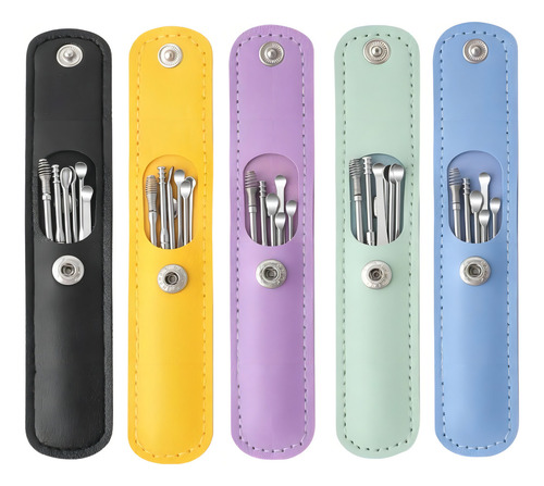 Hisopo Acero Inoxidable Estuche Cuero Limpieza Oidos 1pzs F