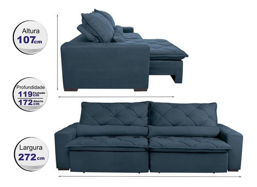 Sofá Lisboa 2,72m retrátil, reclinável com molas no assento tecido suede velusoft Azul - Cama InBox