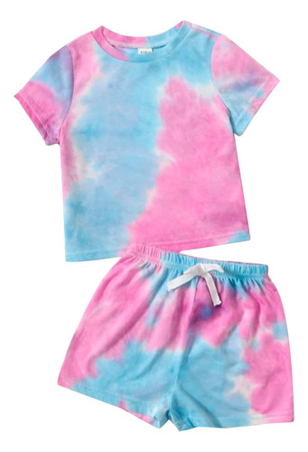 Conjunto Short Y Playera Niña Azul Rosa