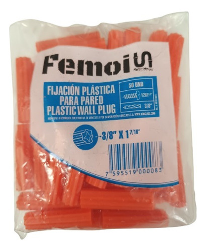 Ramplugs Plástico Estriado Naranja 3/8´´empaque De 50 Pzas.