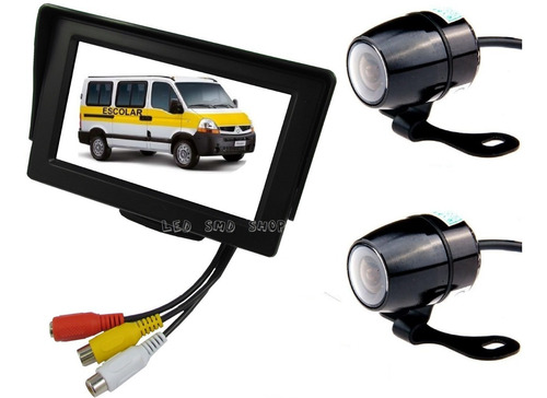 Kit Tela Lcd 4,3 Dual Vídeo + 2 Câmeras Transporte Escolar