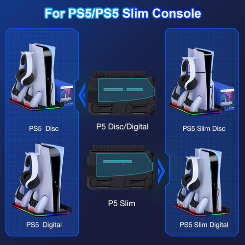 Base de carga Gllai Cooling para mandos de Ps5 con iluminación RGB y ventilador de refrigeración interno compatible con Ps5 y Ps5 Slim White