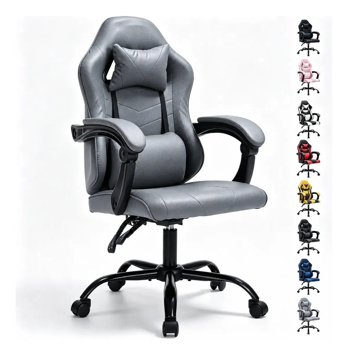 Silla Gamer Ergonomic, reclinable, giratoria and super cómoda With Apoyacabezas and Lumbar Support, desktop, sintetic leather, grey