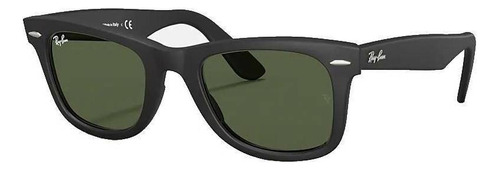 Óculos de sol Ray-Ban Wayfarer Original Classic Large armação de acetato cor polished black, lente green de cristal clássica, haste matte black de acetato - RB2140