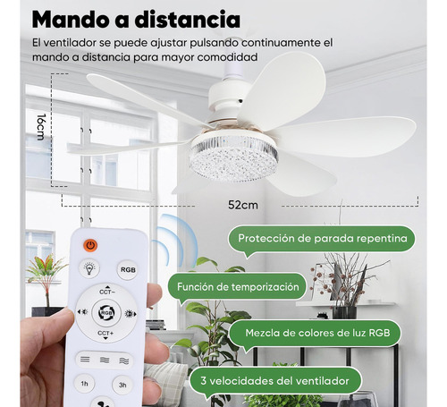 Foco Ventilador Led Rgb E26/e27 40w, Lámpara De Techo Foco Abanico Pantalla De Cristal Con Control Remoto, Incluye Expansor Y Base De Abanico