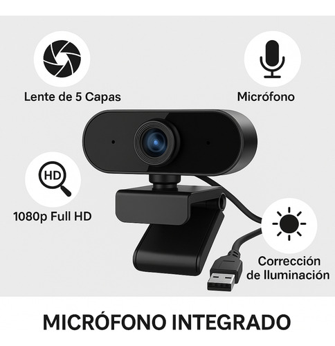 Cámara Web Hd 1080p Con Micrófono Soporte Ajustable Y Usb Negro
