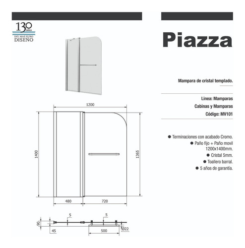 Imagen 2 de 5 de Mampara Baño Rebatible Vidrio Piazza Aura 120x140 Cm Md5