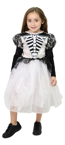 Disfraz Vestido Blanco De Catrina Esqueleto Con Maquillaje Para Niñas