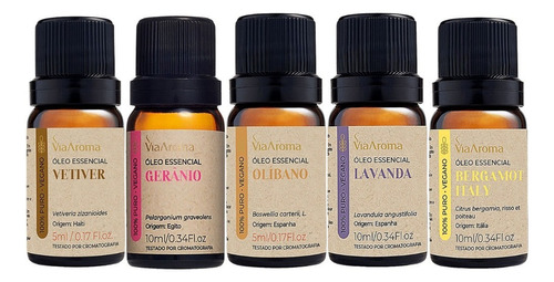 Óleo Essencial Via Aroma Vetiver, Olibano, Lavanda, Bergamot Italy, Geranio. 10ml - 5 Kits Do 5 Unidades