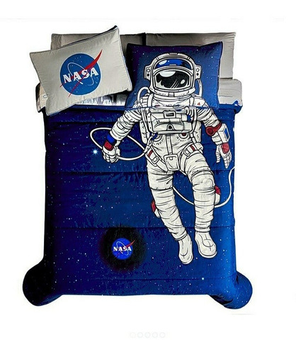 Edredón Astronauta+ Sabana Ajustable Cama Sencilla Doble Faz