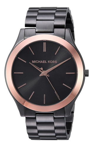 Reloj Michael Kors Runway Mk3197 Oro Rosa Para Mujer Color de la correa Gris oscuro Color del fondo Negro