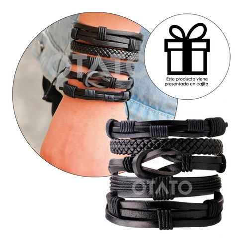 Pulsera Hombre Conjunto 5 En 1 Pulsera Cuero Genuino Soga