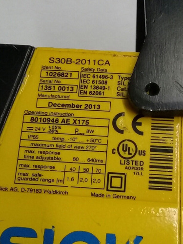 Scanner A Laser De Segurança Sick S30b-2011ca 1026821 24vdc (Usado)