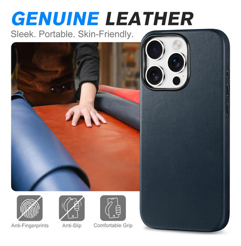 Capa Shieldon Para iPhone 16 Pro 6.3 Em Couro Genuíno Azul M