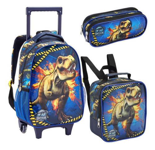 Kit Mochila Rodinhas Infantil Lancheira Estojo Dinossauro