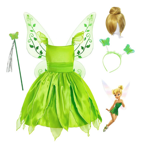 Vestido De Princesa Tiana+peluca Para Bebé, Traje De Hada Verde Co