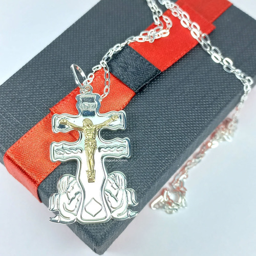 Imagen 2 de 4 de Cruz De Caravaca Plata - Cristo De Oro + Cadena + Caja Pro