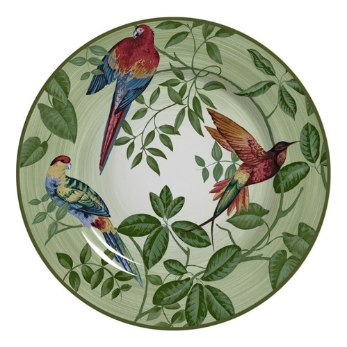 Pratos Decorativos Aves Ø20 Porcelana Suporte Gancho Cor Verde Araras