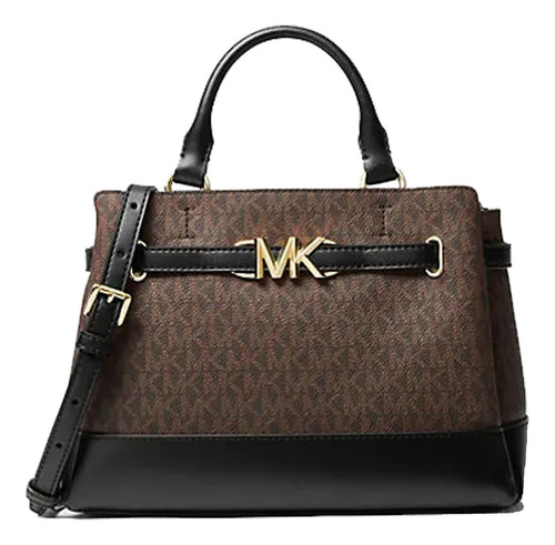 Bolsa Michael Kors Xbody Reed Small Satchel Twotone Logo Brw Acabado de los herrajes Dorado Color Marrón oscuro Color de la correa de hombro Negro Diseño de la tela monogramas