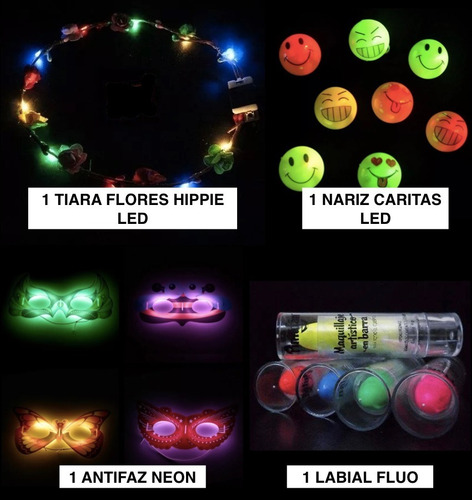 Imagen 3 de 9 de Combo Cotillon Luminoso Led Neon 100 Personas+ Labial Fluo F