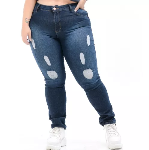 Calça Jeans Feminina Plus Size Rasgada Lycra Cintura Alta