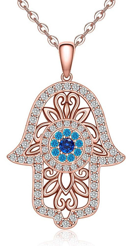 Hamsa Hand Evil Eye Necklace 925 Sterling Silver Rose Gold