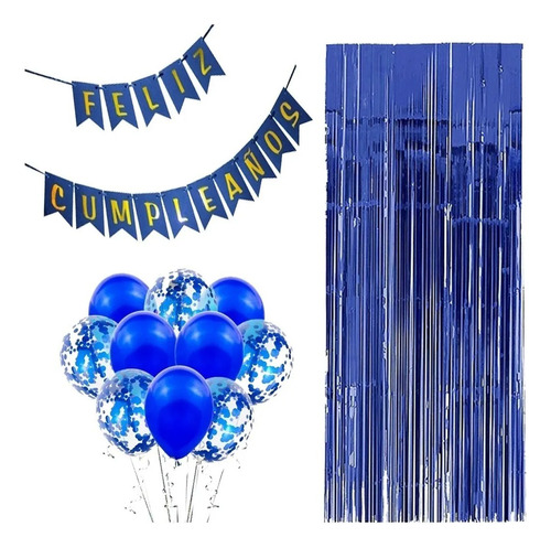 Combo Globo Azul + Cortina Metalizada + Banderín + Confeti