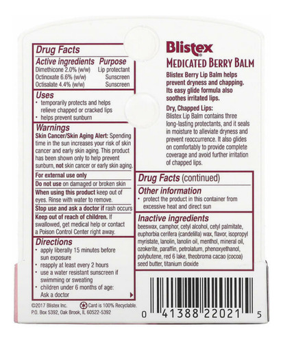 Blistex Medicated Spf 15 Balsamo Labial En Barra Sabor Berry