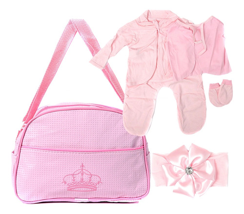 Kit Saida Maternidade Bolsa Rosa E Conjunto Roupa Para Bebe