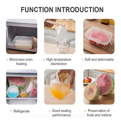 Imagen 2 de 7 de Set 6 Tapas Silicona Ajustable Conserva Alimentos Frescos