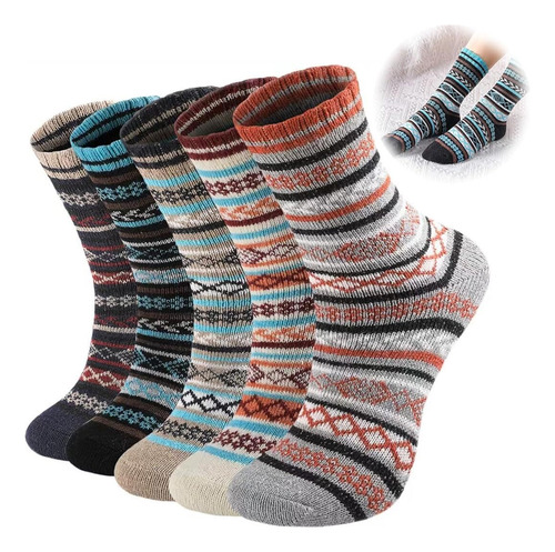 Calcetines Lana Punto Para Mujer, 5 Pares Calcetines De Lana
