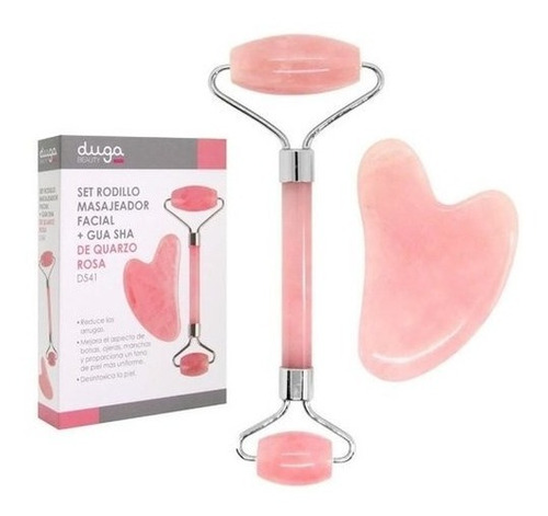 Rodillo Masajeador Facial + Gua Sha De Quarzo Rosa Duga