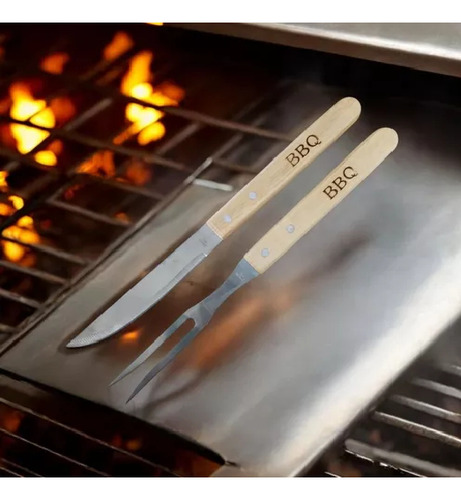 Set 2pz Tenedor Cuchillo Acero Bambu Carne Asada Parrilla Ba Plateado