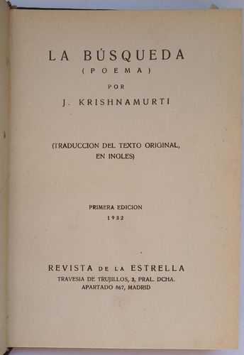 La Busqueda. , (poema). J. Krishnamurti. Libro Raro